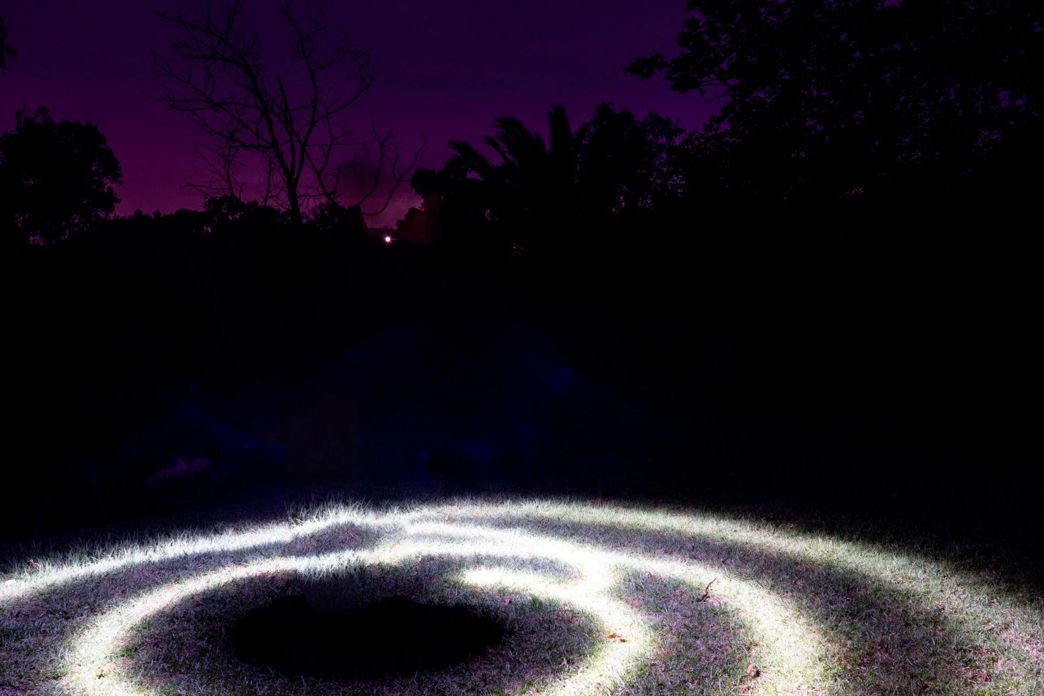 Bright circular light trail on grass at night