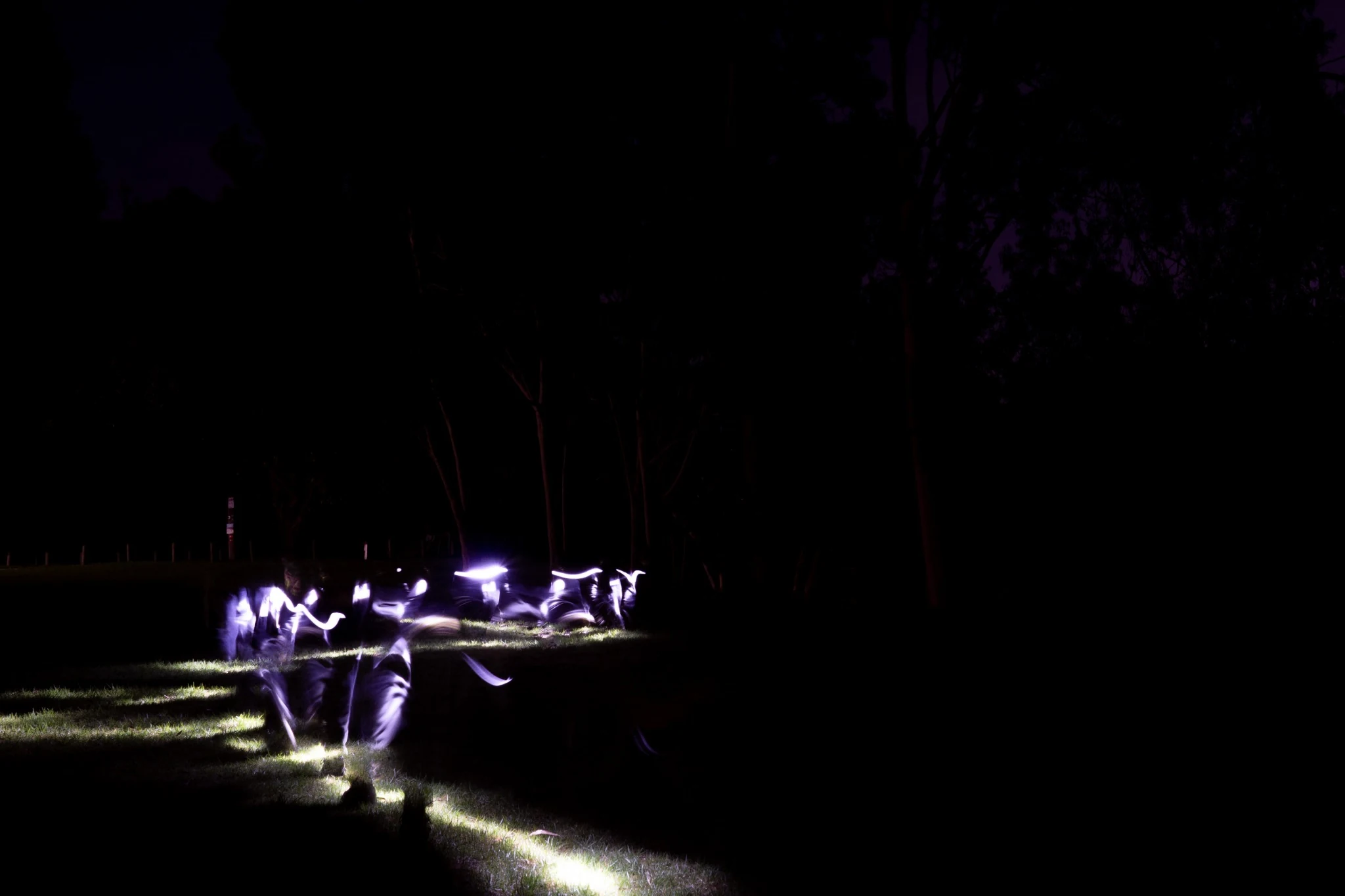 Vertical crop of ghost-like figures in a dark field